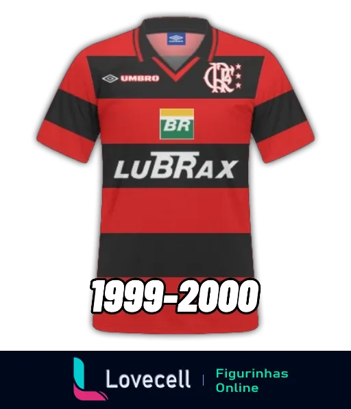 Figurinha da camisa do Flamengo de 1999-2000, listrada em vermelho e preto, com logos da Umbro, BR e Lubrax