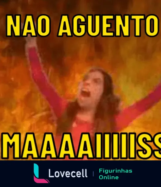 Figurinha engraçada de pessoa gritando com expressão de desespero em um fundo com chamas, mostrando que não aguenta mais o calor.