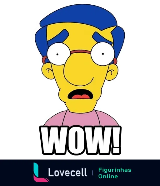 Figurinha do Milhouse Van Houten de Os Simpsons surpreso com os olhos abertos e boca levemente aberta, texto 'WOW!' acima