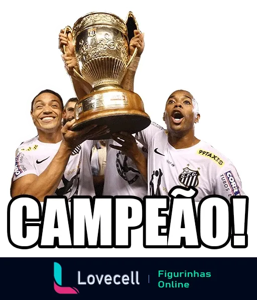 Dois jogadores do Santos Futebol Clube comemorando com um troféu dourado, usando camisas brancas e com a palavra 'CAMPEÃO!' destacada