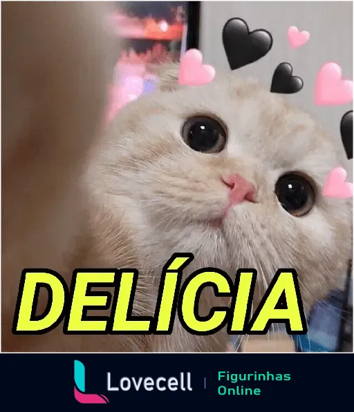 Imagem de um gato fofo com olhos grandes e brilhantes cercado por corações rosas e pretos, com a palavra 'DELICIA'. Ideal para expressar carinho.