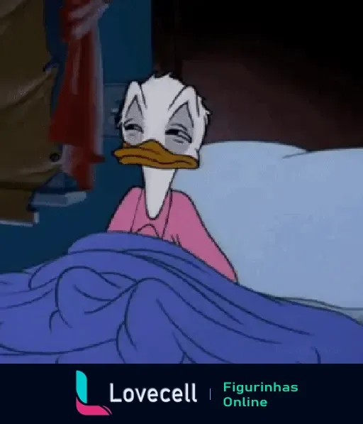 GIF do Pato Donald com sono, cobrindo-se com um cobertor azul e apagando as luzes. Ele parece muito cansado e pronto para dormir.