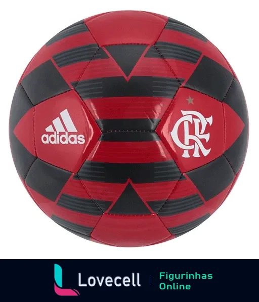 Figurinha de bola de futebol Adidas com cores preto e vermelho, emblema do Flamengo e logo da Adidas