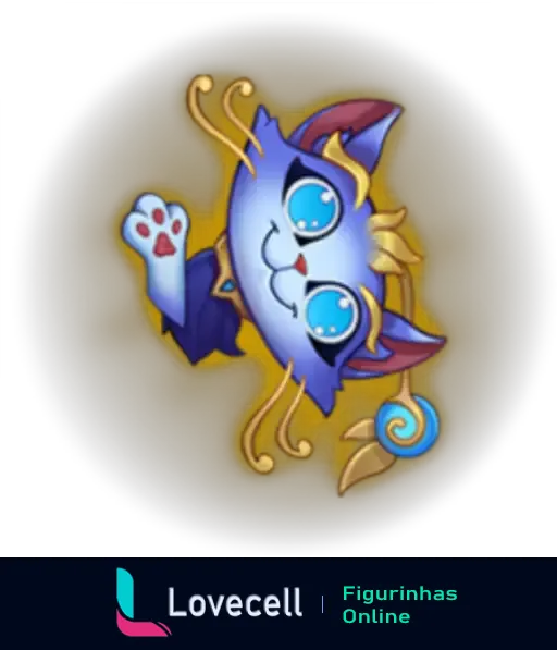 Figurinha do emote do League of Legends com um adorável gatinho azul e detalhes dourados, levantando a pata com um sorriso feliz.