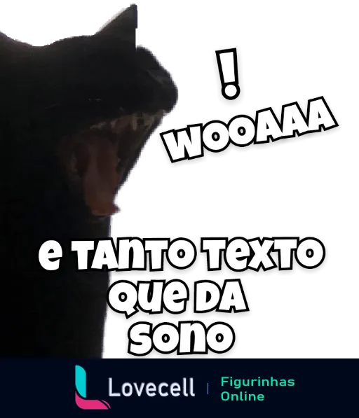 Gato bocejando com chapéu preto e texto humorístico sobre tédio, 'WOOAA e tanto texto que dá sono'