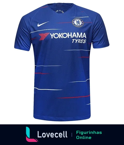 Camisa de futebol do Chelsea, azul, com logotipo da Nike e patrocínio da Yokohama Tyres, detalhada com linhas horizontais vermelhas e brancas