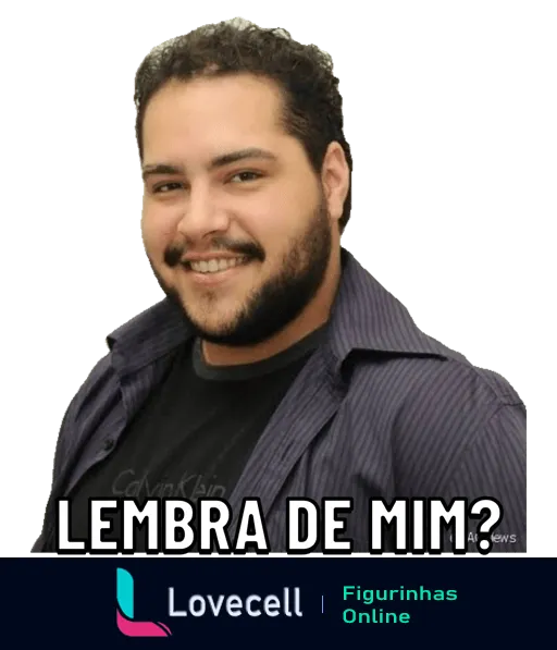 Figurinha de Tiago Abravanel sorrindo com camisa azul sobre camiseta preta e a frase 'LEMBRA DE MIM?' em destaque