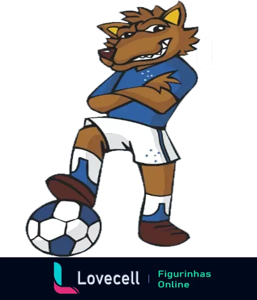 Raposa mascote do Cruzeiro em uniforme azul e branco dominando bola de futebol com pose confiante