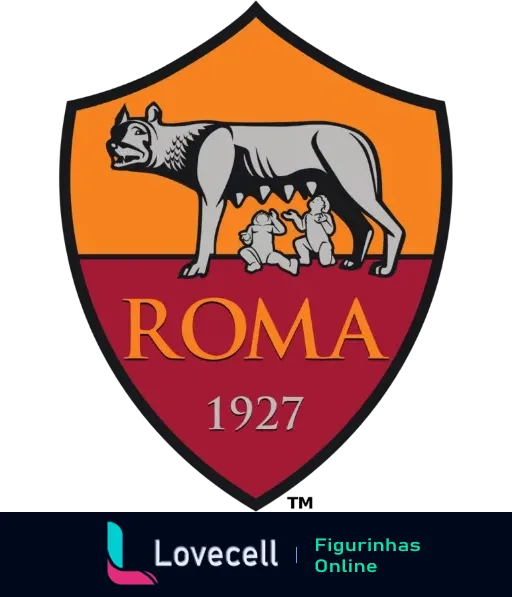 Logo do time de futebol Roma, 1927. O emblema apresenta uma loba amamentando dois bebês, Split nas cores laranja e vermelha.