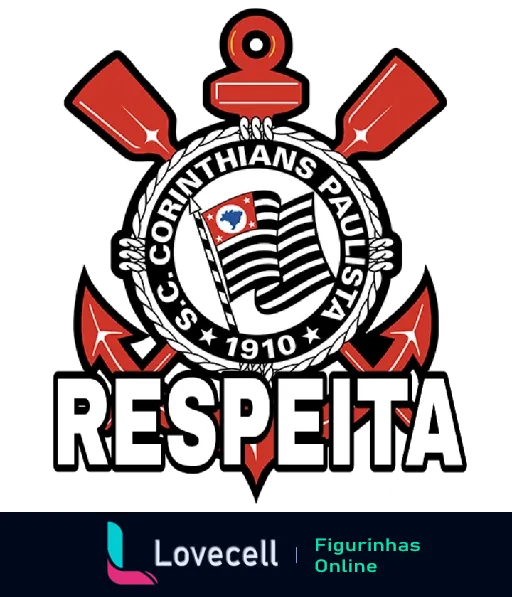 Figurinha com emblema do Corinthians e a palavra 'RESPEITA' em destaque acima, incluindo âncoras, remos e a bandeira de São Paulo