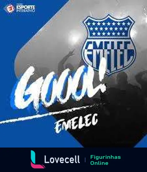 Figurinha comemorativa com a palavra 'GOL' em branco e estilo energético sobre fundo com logo do clube Emelec, ideal para expressar emoção em partidas de futebol.