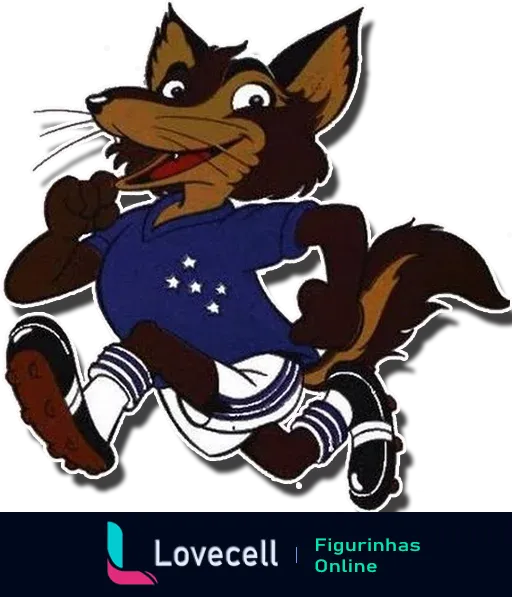 Mascote do Cruzeiro, uma raposa com uniforme azul e branco correndo animadamente, representando o time de futebol Cruzeiro.