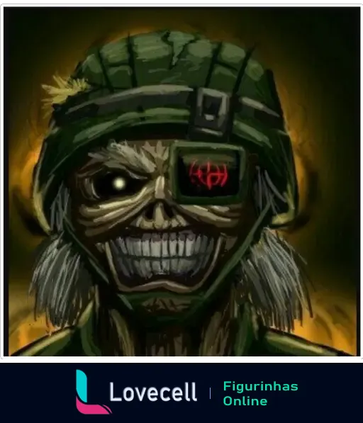 Ilustração sombria de um soldado esquelético com um tapa-olho e um capacete verde, inspirado na capa de Iron Maiden.