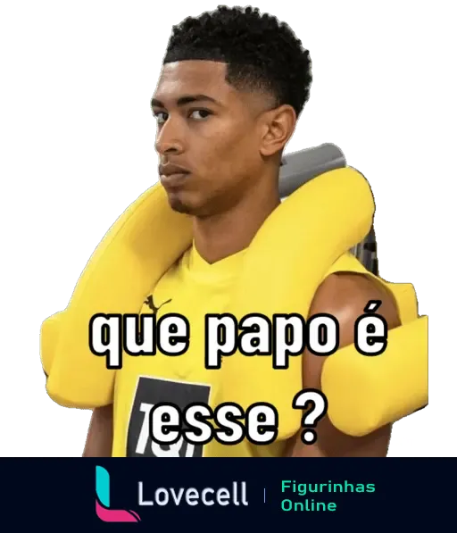 Figura de um homem usando colete de natação amarelo com expressão desconfiada e a frase 'que papo é esse?'.