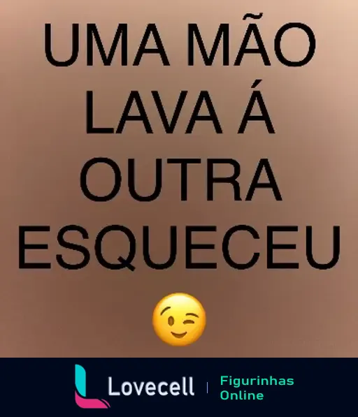 Figurinha com fundo suave, texto em preto: 'UMA MÃO LAVA A OUTRA ESQUECEU' e um emoji piscando 😉.