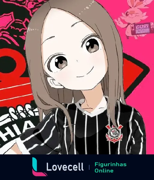 Imagem de uma garota de anime sorridente com a camisa do Corinthians, fundo com logotipo do time e mascote de anime.