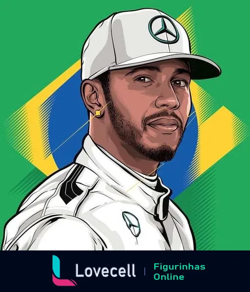 Figurinha de Lewis Hamilton com uniforme da Mercedes e bandeira do Brasil ao fundo