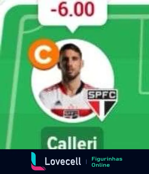 Figurinha do jogador Calleri do São Paulo FC com a camisa do clube, ícone de capitão e pontuação de -6.00