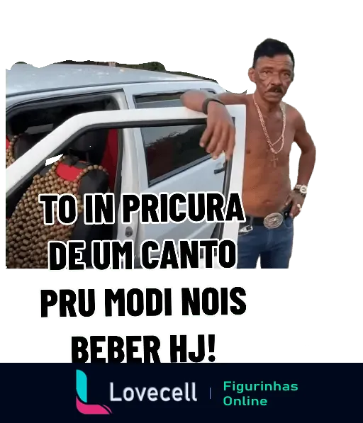 Homem sem camisa, encostado em um carro, procurando um lugar para beber com amigos, imagem engraçada de humor.