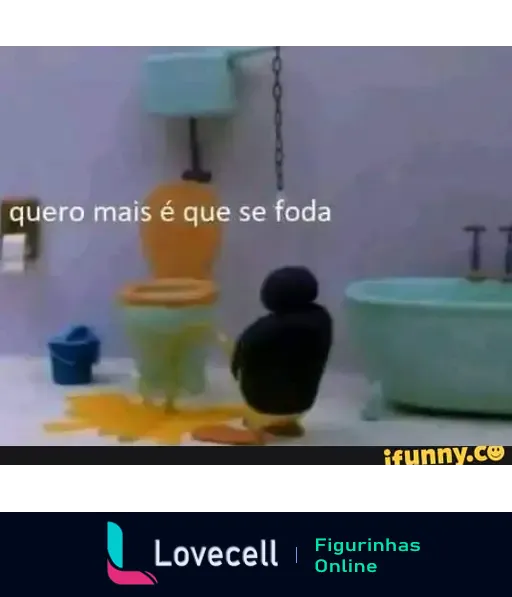 Uma cena de banheiros com um vaso sanitário e uma figura em pé, expresando a frase 'quero mais é que se foda', representando humor e ironia.