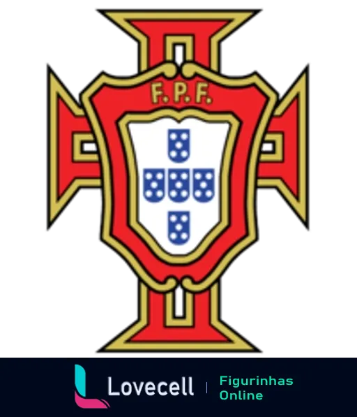 Figurinha do escudo da Federação Portuguesa de Futebol com cruz vermelha, sete castelos dourados e cinco escudos azuis representando a bandeira de Portugal