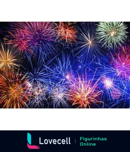 Figurinha de WhatsApp mostrando espetáculo colorido de fogos de artifício nos tons azul, vermelho, verde e laranja, representando um show pirotécnico grandioso