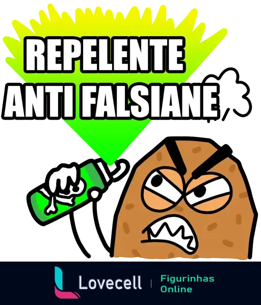 Figurinha de uma batata com expressão zangada usando um repelente anti falsiane. Texto na imagem diz 'Repelente Anti Falsiane'.