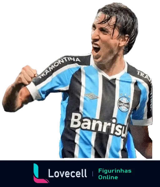 Jogador do Grêmio comemorando com uniforme azul e preto, logos do Banrisul e Tramontina visíveis, expressão de determinação e alegria