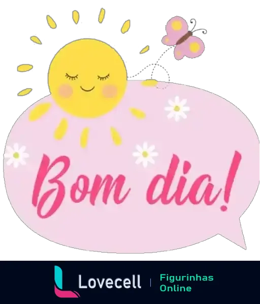 Figurinha de Bom Dia com imagem de sol sorridente e elementos florais em fundo rosa, frase 'Bom dia!' em letras cursivas vibrantes