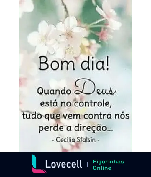 Figurinha de bom dia com flores e uma mensagem religiosa de inspiração: 'Quando Deus está no controle, tudo que vem contra nós perde a direção...'.