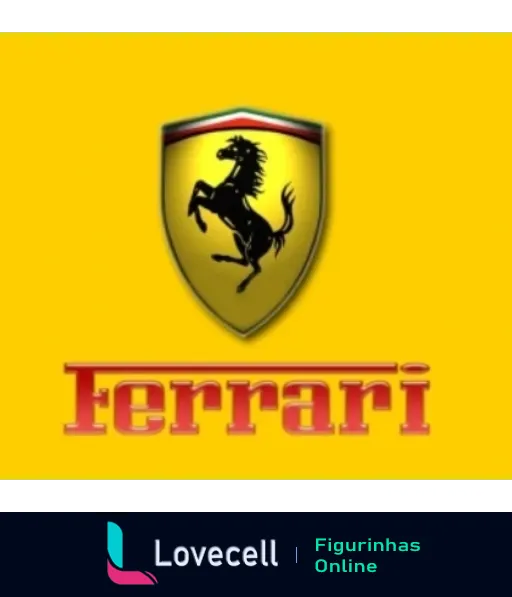 Logotipo da Ferrari em sticker, escudo amarelo com cavalo negro empinado e borda vermelha com inscrição Ferrari