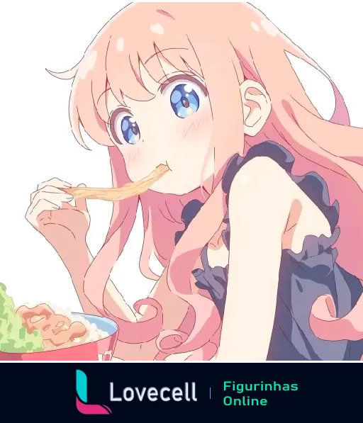 🧿Anime Kawaii: Menina de cabelos longos rosa e olhos azuis comendo um delicioso ramen. Ela parece encantada com a comida.