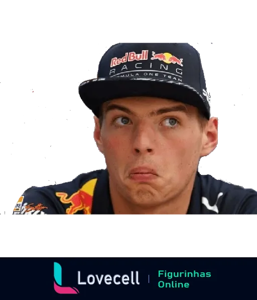 Figurinha do Max Verstappen com expressão engraçada e surpresa, olhos abertos e boca torcida