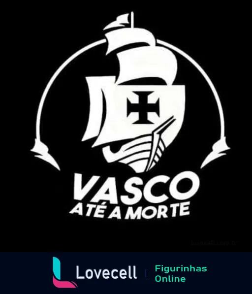 Logotipo estilizado do Vasco da Gama com um navio caravela e as iniciais CRVG na vela, acompanhado da frase 'Vasco até a morte' demonstrando lealdade ao clube.