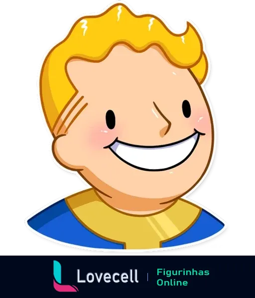 Imagem do Vault Boy sorridente do jogo Fallout, personagem icônico com cabelo loiro e traje azul e amarelo.