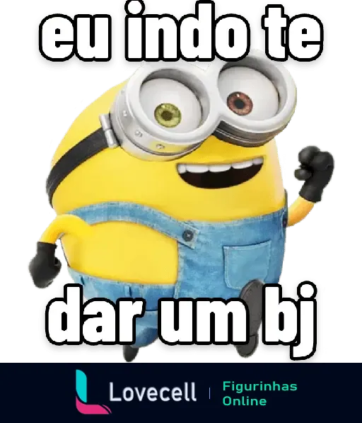 Figurinha de um Minion sorridente vestindo um macacão azul e dizendo 'eu indo te dar um bj' na pasta 'Desenhos apaixonados'.