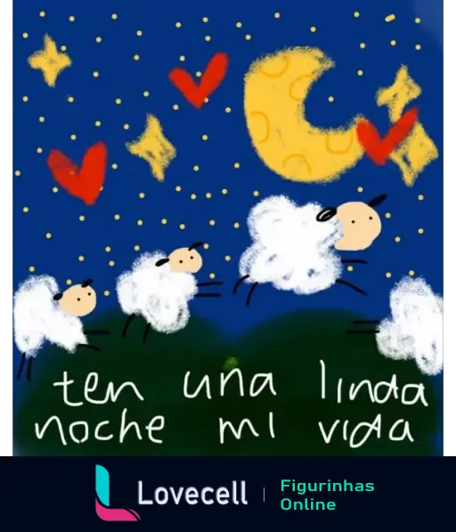 Figurinha com frase em espanhol 'ten una linda noche mi vida', mostrando estrelas, corações, uma lua crescente e ovelhas voadoras.