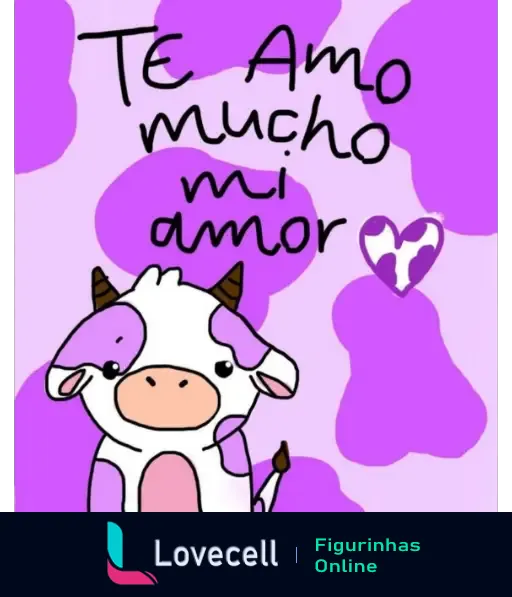 Desenho fofinho de uma vaquinha com fundo lilás e a frase 'Te Amo Mucho Mi Amor'. Perfeita para enviar ao seu amor.