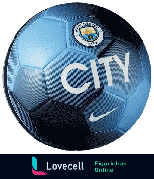 Bola de futebol do Manchester City com detalhes em azul e branco, logotipo do clube e marca Nike