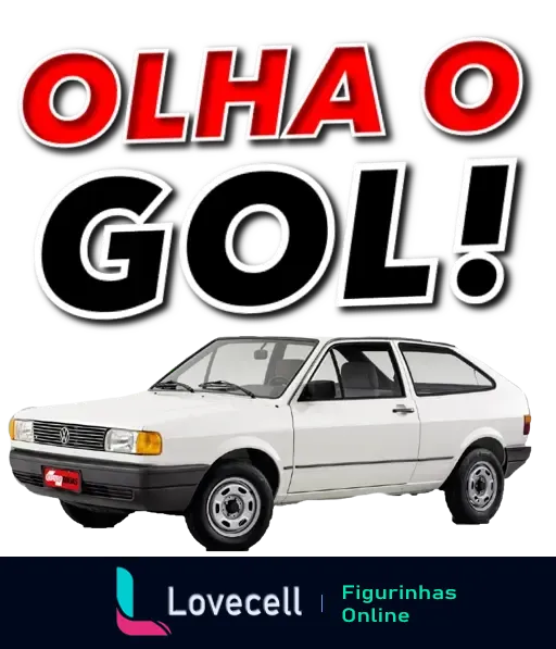 Figurinha com imagem de carro Volkswagen Gol branco e texto 'OLHA O GOL!' em letras grandes vermelhas, ideal para comemoração ou surpresa em conversas sobre futebol ou carros