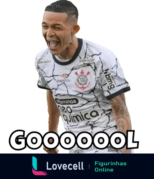 Jogador do Corinthians comemorando gol, vestido com uniforme do time no campo, sorrindo com a palavra 'GOOOOOL' acima dele