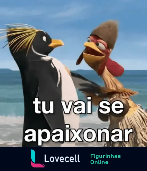 Cena do filme animado Surf's Up, mostrando João Frango tocando no ombro de um pinguim com a frase 'tu vai se apaixonar'.