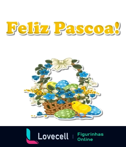 Figurinha de 'Feliz Páscoa!' com letras amarelas, flores azuis, passarinho amarelo, ovos decorados e laço grande