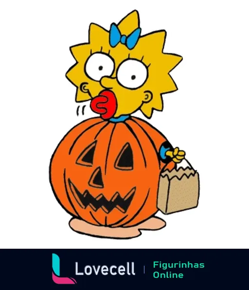 Maggie Simpson vestida de abóbora para o Halloween com chupeta e sacola de doces