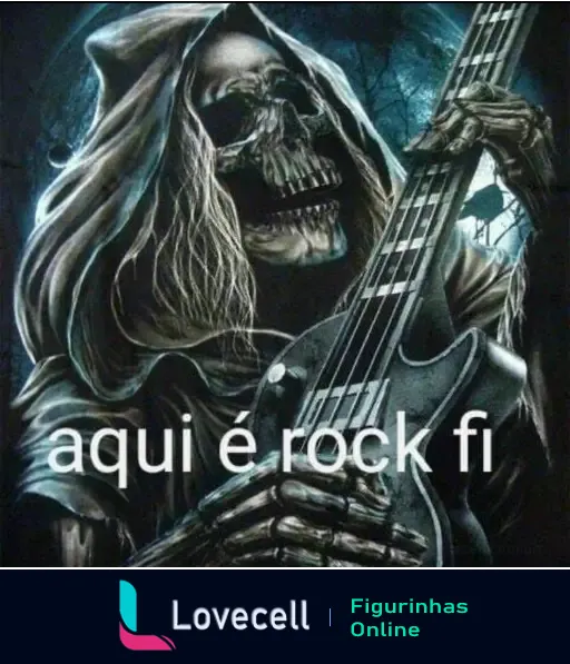 Figura de uma caveira encapuzada tocando guitarra sob iluminação azul escura. No fundo, inscrito com letras brancas, lê-se 'aqui é rock fi'.