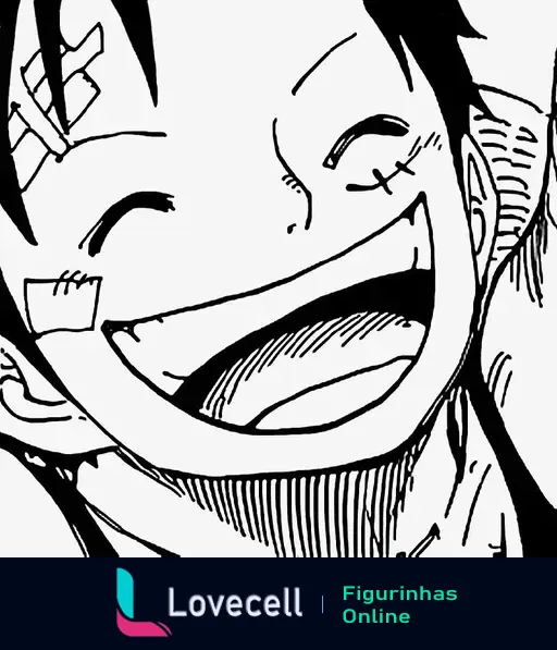 Ilustração de Luffy, personagem de One Piece, sorrindo feliz, com curativos na cabeça e um estilo de desenho em preto e branco.