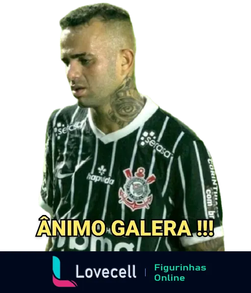 Figurinha do WhatsApp 'Animo Galera' com jogador do Corinthians desanimado, vestindo uniforme com patrocinadores, incentivando a torcida