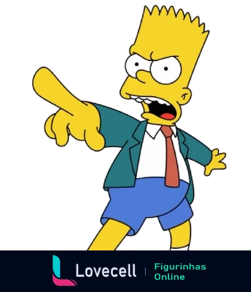 Bart Simpson irritado apontando, vestido com uniforme escolar azul, dos Simpsons