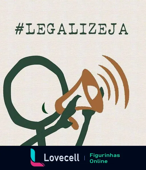 Figurinha com hashtag '#LegalizeJá' em destaque, megafone verde estilizado emitindo ondas sonoras, promoção da discussão sobre legalização da cannabis.