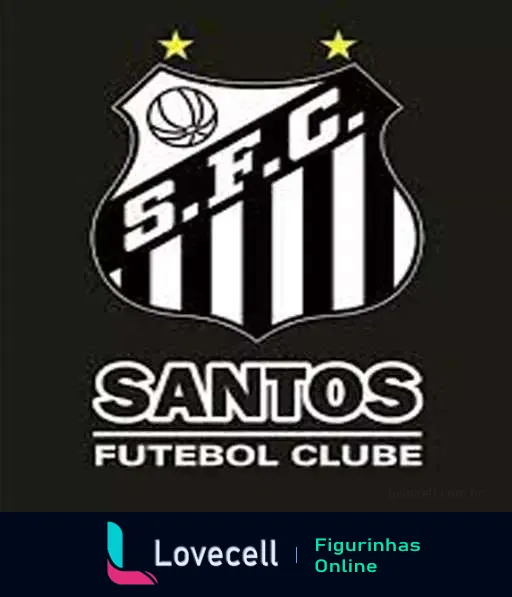 Escudo do Santos Futebol Clube com listras pretas e brancas e as letras 'S.F.C.', acompanhado de duas estrelas representando conquistas importantes